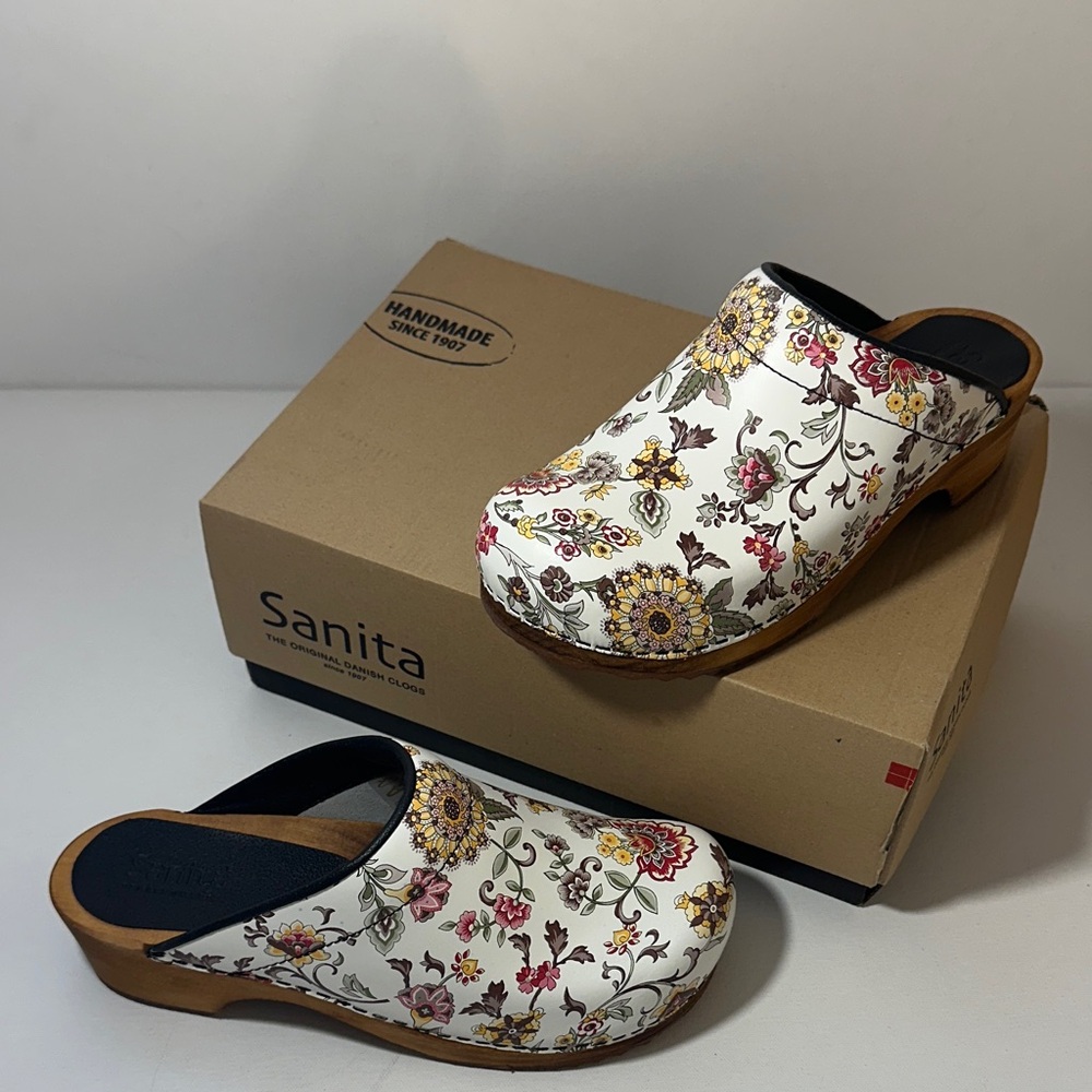 Sanita White Floral Leather Clogs with Yellow and Pink Accents